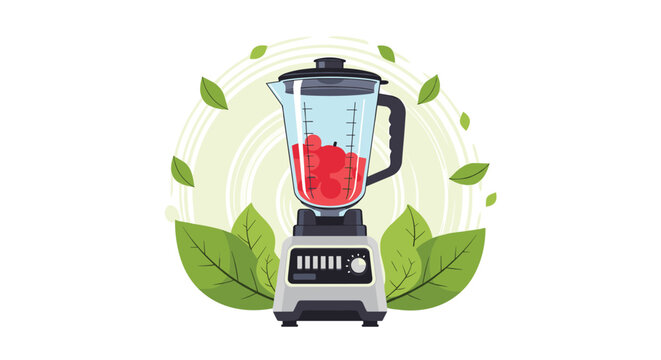 Kitchen electric blender filled with fresh red strawberries and surrounded by green flying leaves in a circle.