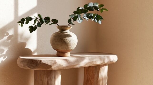 Minimalist green ceramic vase with eucalyptus on handcrafted oak console table, Scandinavian interior