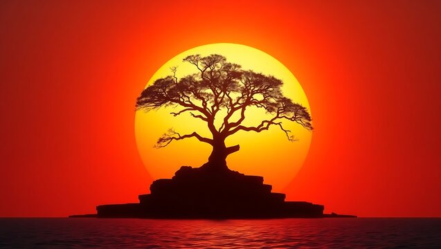 Silhouette of a lone tree on a rocky island against a vibrant sunset over the ocean