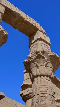 Upward view of ornate floral capitals on Ptolemaic columns at Philae Temple, Aswan Egypt. Elegant ancient architecture against vivid blue sky. Travel and history content.