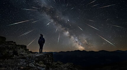 Fototapeta premium Person observing meteor shower under Milky Way on mountain ridge