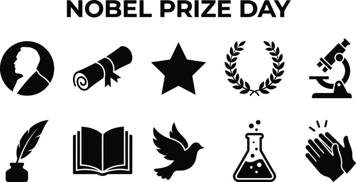 Nobel prize day celebration icons set with black and white design