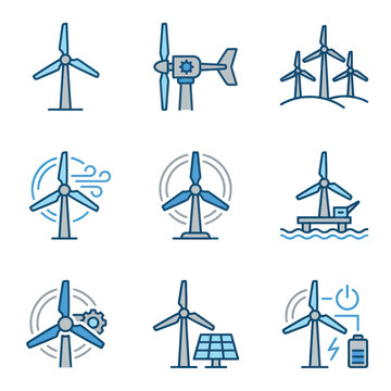 Wind Turbines Renewable Energy Icons.