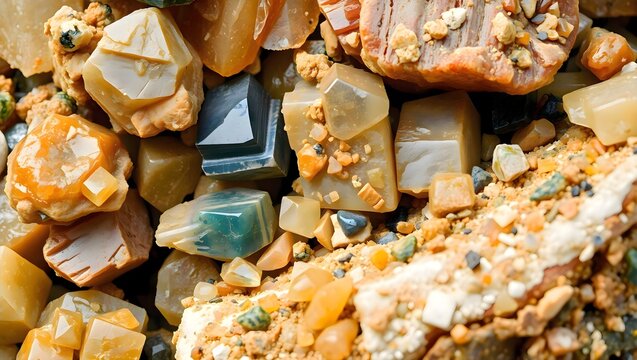 Close up texture background of organic mixture of natural mineral rocks and stones, geological material backdrop pattern
