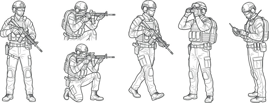 Set of professional military soldiers, tactical special forces operators in combat gear, line art illustration.