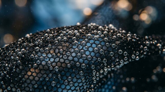 Macro water droplets on dark honeycomb mesh texture.