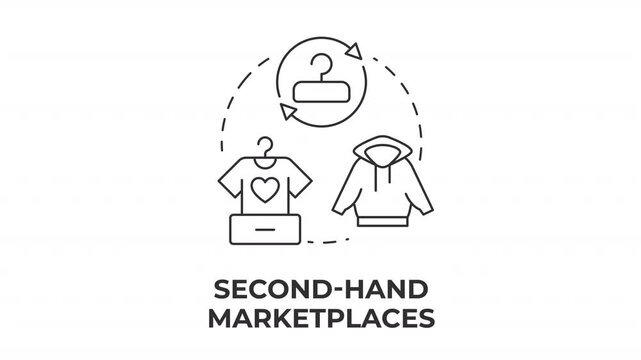 Second hand marketplaces line concept icon animation. Resale clothing economy. Wardrobe management and commercial business. Animated outline round motion graphic. Minimal HD video with alpha channel