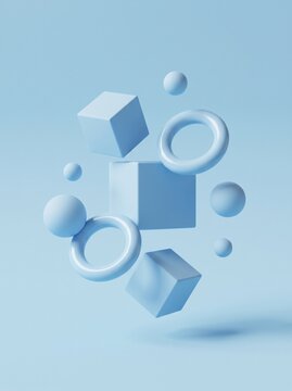 abstract geometric shapes composition of blue cubes spheres and torus rings floating in light blue background studio minimalist surreal 3d render.