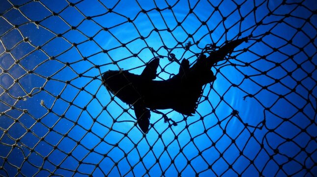 Shark silhouette caught in fishing net underwater deep blue ocean.