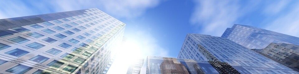 Skyscrapers, high-rise buildings from below against the background of the sky, cityscape, panorama of skyscrapers, 3D rendering © ustas