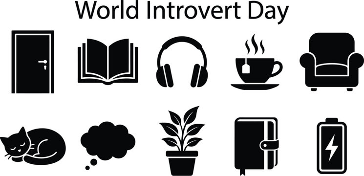 World introvert day icons set featuring cozy and relaxing activities