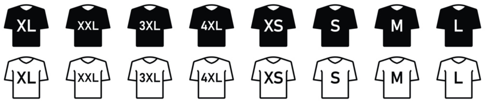 Black and outline t shirt size icons for clothing measurement