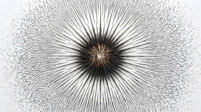 Magnetic field lines with iron filings on white | Abstract science physics experiment showing magnetic force | Radial explosion pattern of black particles | Energy and force representation | Scientifi