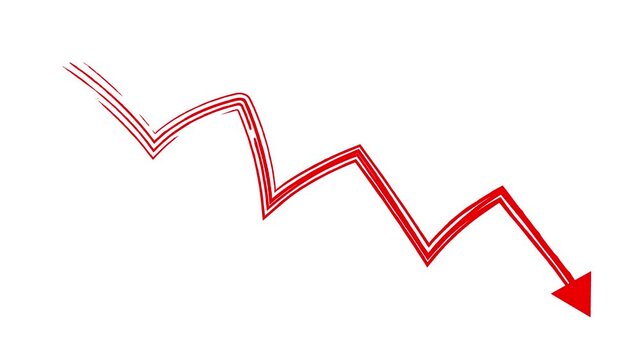 Animated red arrow. Recession chart of economy. Economic crisis, recession, decrease graph. Profit down. Hand drawn vector illustration isolated on white background.