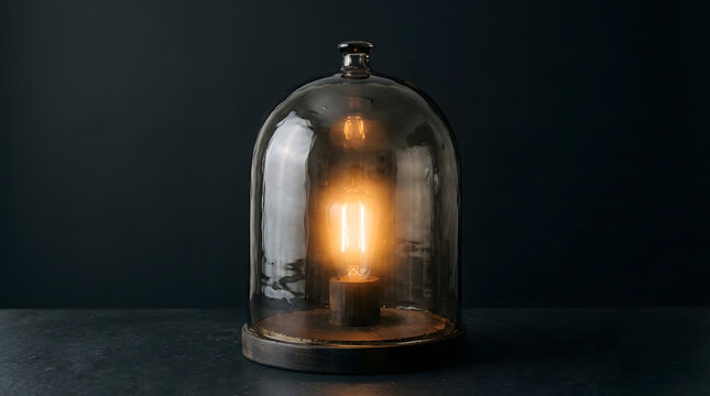 Vintage Edison Light Bulb Glowing Inside Glass Cloche Dome | Creative Innovation Concept and Idea Preservation | Warm Moody Lighting for Interior Home Decor | Isolated Lamp on Dark Background
