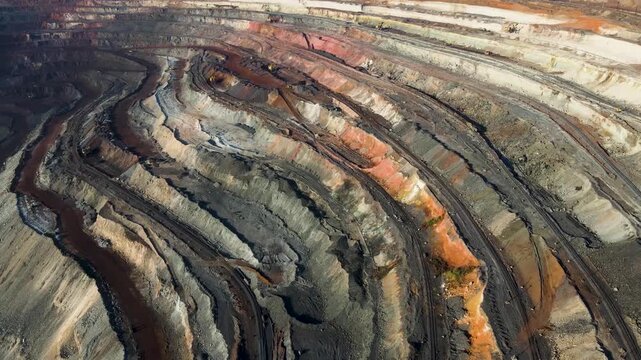 Iron ore quarry, aerial view, drone flyover