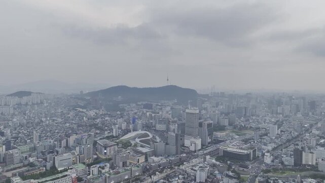 Aerial Drone View of Jongno Cityscape near Dongmyo Station and DDP Dongdaemun Design Plaza in Seoul, South Korea