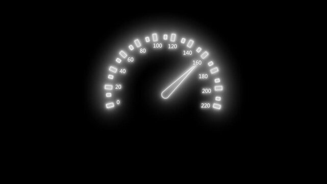 Glowing speedometer on a black background with the needle near animation