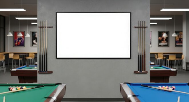 A modern recreation room with multiple pool tables, a large blank screen, and pool cue racks.