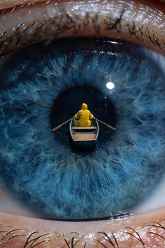 immagine surreale di un primo piano di un occhio azzurro con una barca a remi che rema al suo interno, surreal image of a close-up of a blue eye with a rowboat rowing inside it