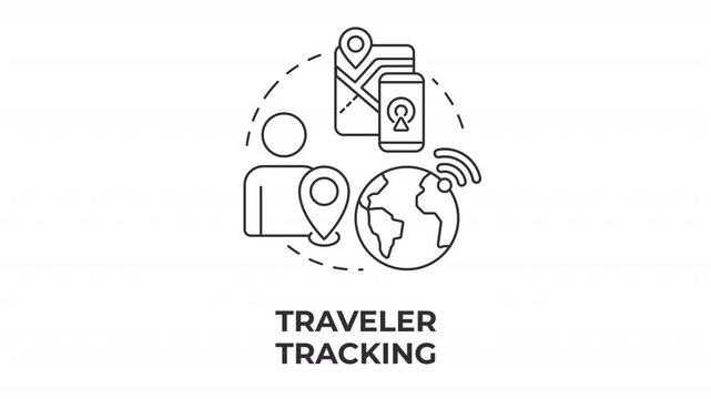 Traveler tracking line concept icon animation. Global geolocation data. Real time journey metrics. Navigation system. Animated outline round motion graphic. Minimal HD video with alpha channel