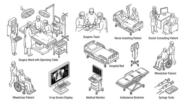Medical Healthcare Isometric Line Art Vector Set  Hospital Surgery Ward, Doctor Consultation, and Patient Care Elements