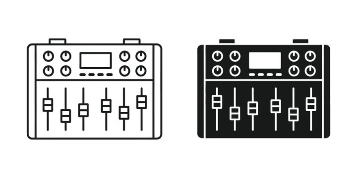 Audio mixing console set with sound faders and knobs outline and solid black music equipment mixer
