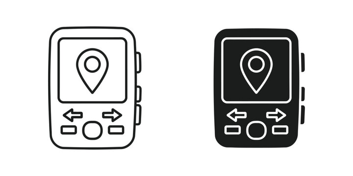 Gps navigation device set with location pin and directional arrows for travel mapping and digital wayfinding tool