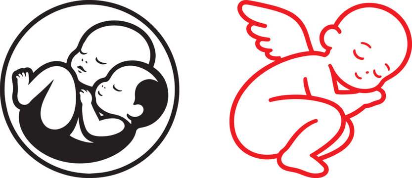 Sleeping baby angel cherub vector and twin fetus pregnancy icon set for maternity and birth design