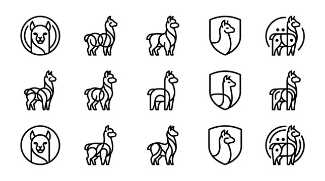 Black line art llama icons set.