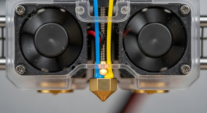 Close-up of a 3D Printer Hotend with Dual Fans and Nozzle.
