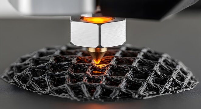 Close-up of a 3D printer nozzle creating a complex black lattice structure.