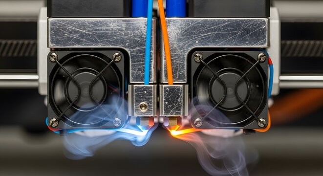 Close-up of a 3D printer nozzle with dual extruders and cooling fans.