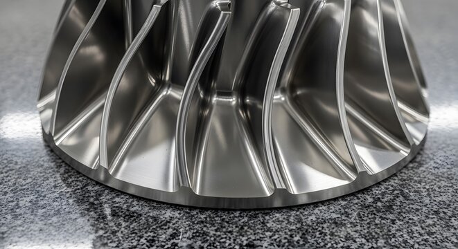 Close-up of a polished metal turbine impeller with intricate blades.