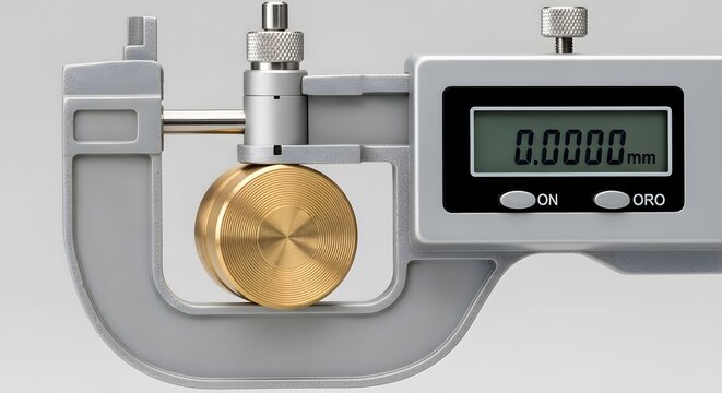 Close-up of a precision digital micrometer measuring a brass disc.
