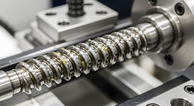 Close-up of a precision-machined lead screw on a lathe.