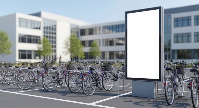 Blank vertical billboard in a bicycle parking lot outside a modern building.