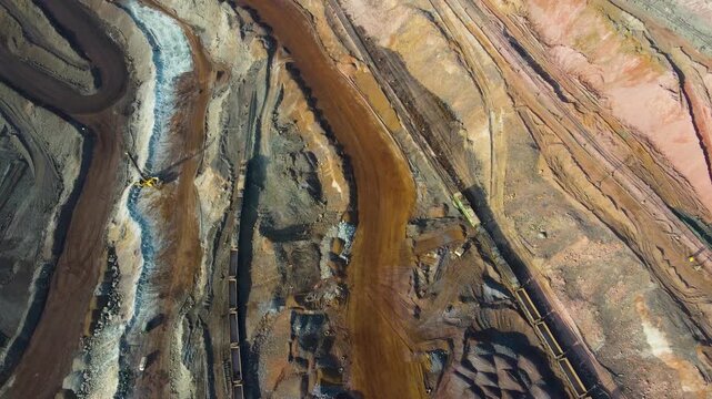 Iron ore quarry, aerial view, drone flyover
