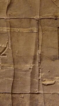 Detailed reliefs of ancient Egyptian deities and hieroglyphs carved on the walls of the Philae Temple. Egypt.