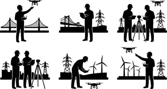 Set of silhouettes of engineers and surveyors working with drones vector illustration