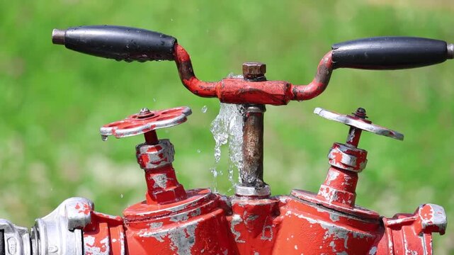 Water leaking from a red fire hydrant with flowing stream and control valve, slow motion