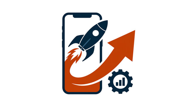 Mobile app development launch with rocket icon and gear symbol Vector