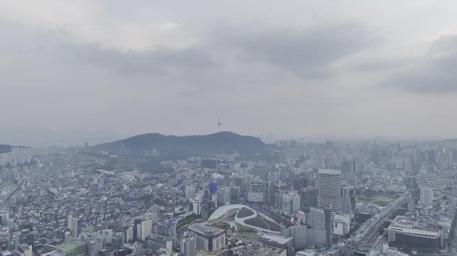 Aerial Drone View of Jongno Cityscape near Dongmyo Station and DDP Dongdaemun Design Plaza in Seoul, South Korea