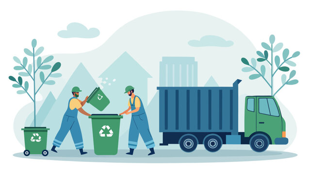 Sanitation workers collecting waste bags into a recycling truck in a green city environment with sanitation recycling collection environment disposal container sustainability professional