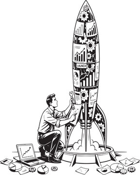 Technician preparing a rocket for launch with business and technical tools