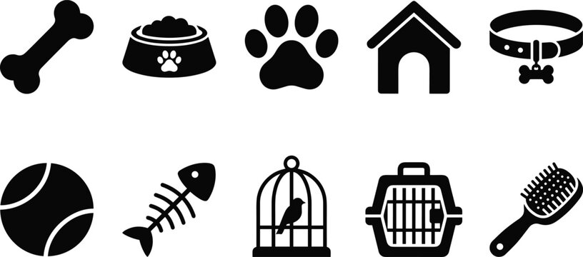 Pet care accessories and domestic animal supply stencil collection featuring black silhouette icons of dog bone food bowl paw print house collar tennis ball fish skeleton bird cage carrier and groomin