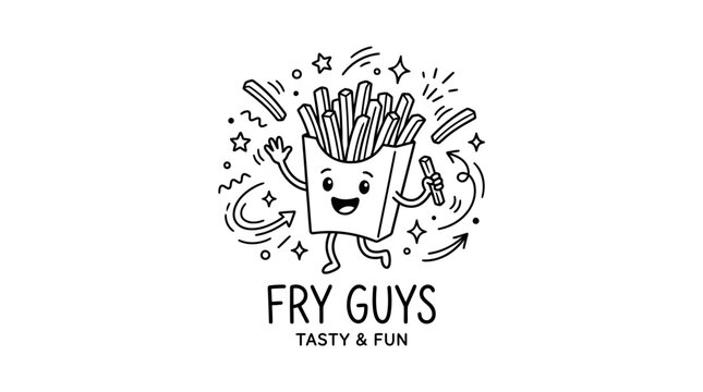 Cartoon french fries character smiling.