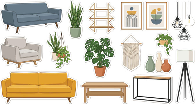 Modern living room furniture and home decor sticker set featuring sofas plants lamps and wall art elements