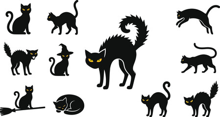Fototapeta premium Black cat silhouettes, Halloween icons, feline vector set, 12 black cats
