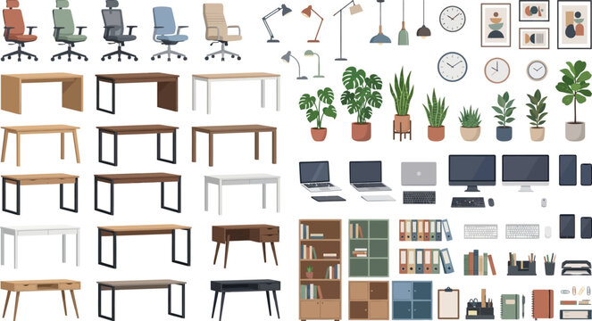 Office furniture and workspace equipment collection featuring desks chairs lamps plants and computer accessories in flat style